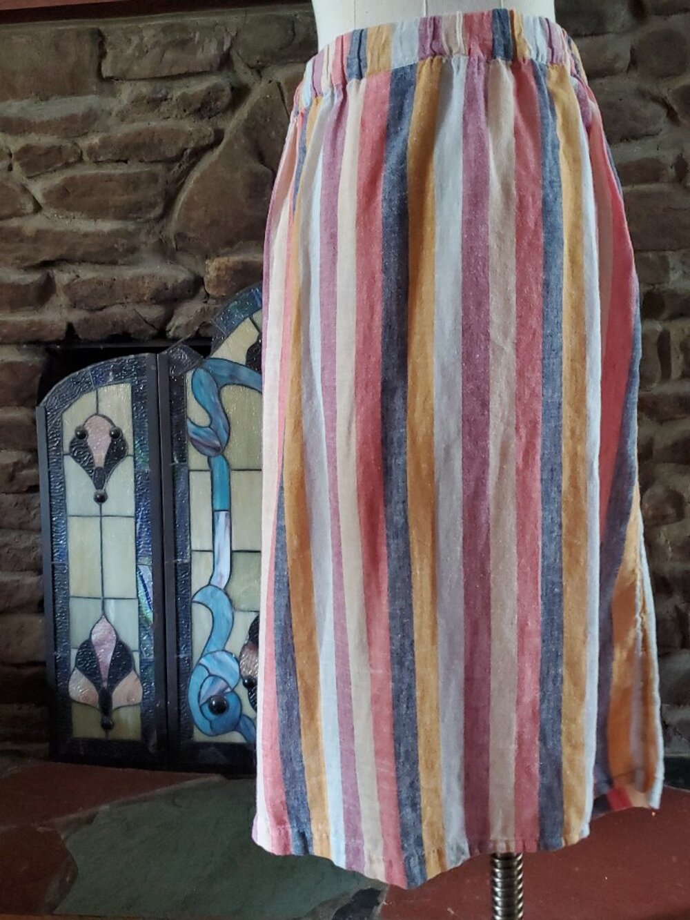 Morgan Taylor Skirt Womens Medium Striped Button Front Linen Lyocell Midi